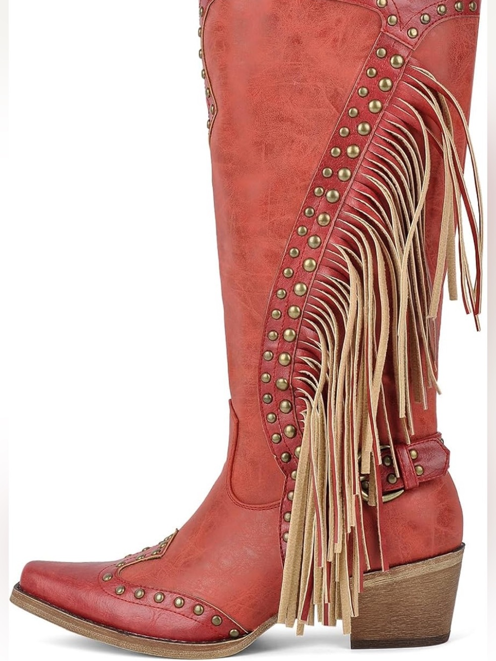 Rhineshell Red Fringe Studded Knee High Western Boots Size 9 NWT